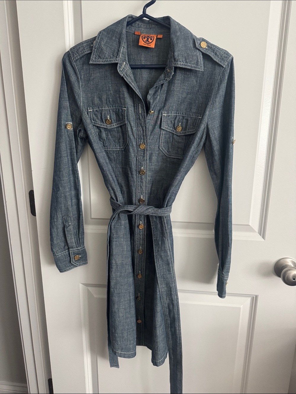 Tory Burch Chambray Shirt Dress with Belt - Blue